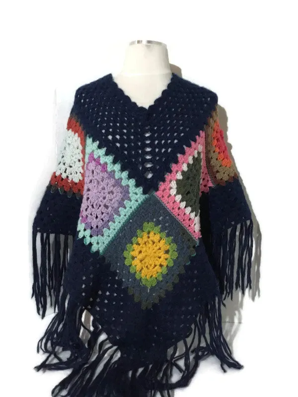 THE BLUE ATLANTIC ALPACA PONCHO, crochet poncho, granny's squares, blue alpaca yarn, hippie poncho, Andrea designs handmade ponchos