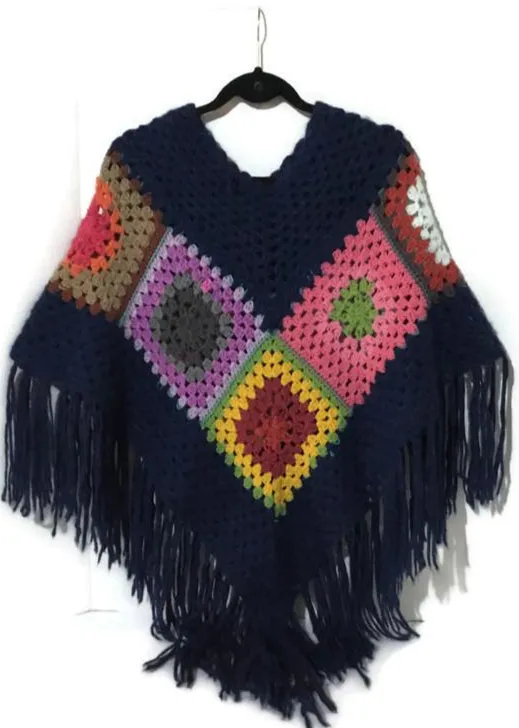 THE BLUE ATLANTIC ALPACA PONCHO, crochet poncho, granny's squares, blue alpaca yarn, hippie poncho, Andrea designs handmade ponchos