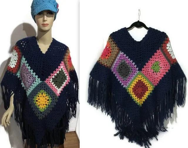 THE BLUE ATLANTIC ALPACA PONCHO, crochet poncho, granny's squares, blue alpaca yarn, hippie poncho, Andrea designs handmade ponchos