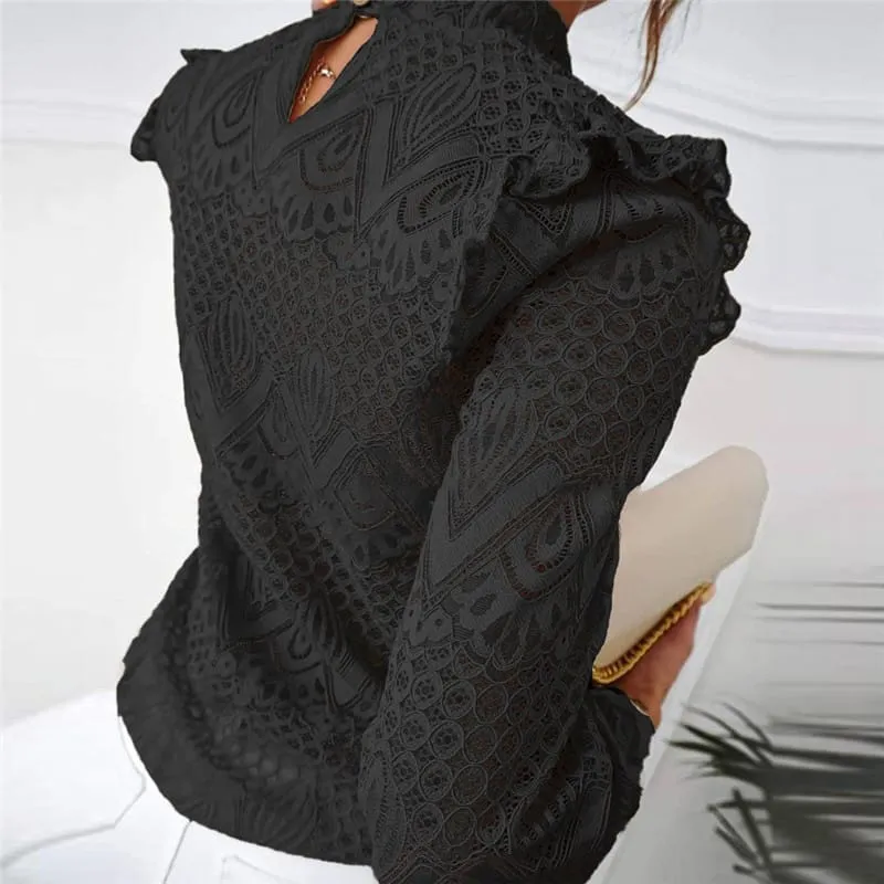 Top It Off Lace Ruffle Long Sleeve High-Neck Blouse