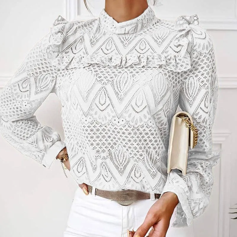 Top It Off Lace Ruffle Long Sleeve High-Neck Blouse