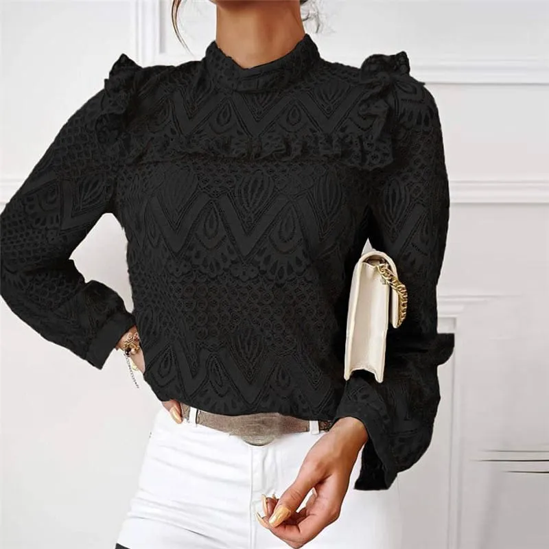 Top It Off Lace Ruffle Long Sleeve High-Neck Blouse