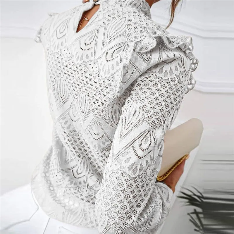 Top It Off Lace Ruffle Long Sleeve High-Neck Blouse