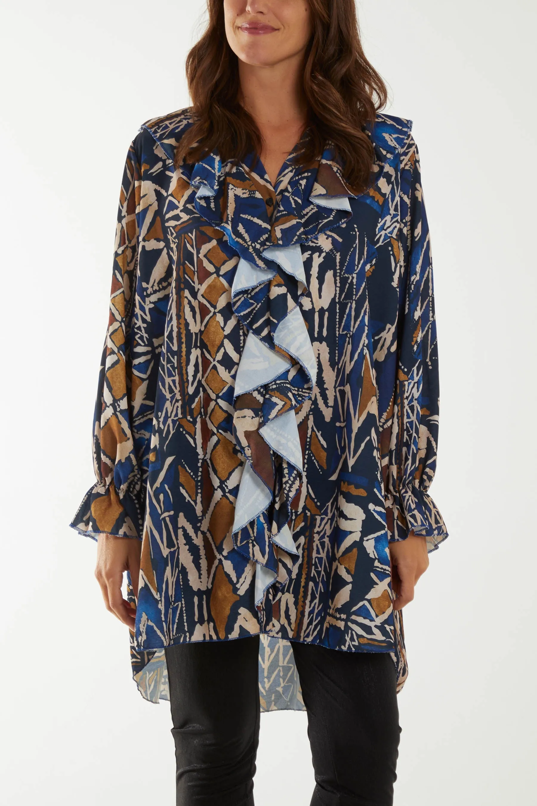 Tribal Print Ruffle Blouse