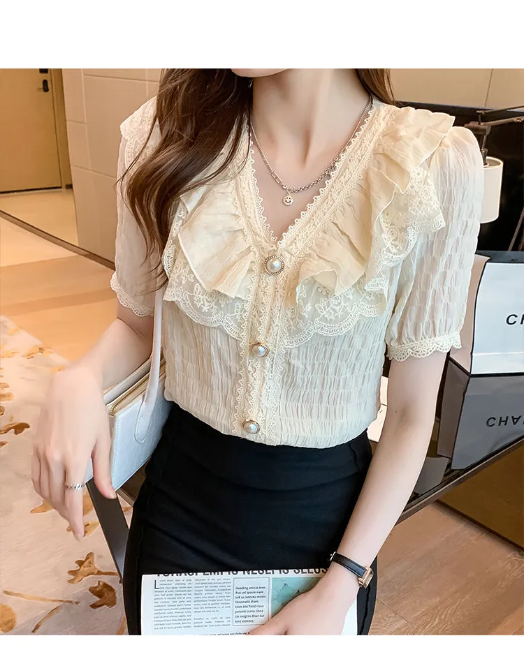 V-Neck French Vintage Ruffle Lace Blouse