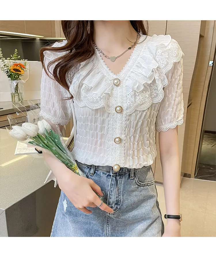 V-Neck French Vintage Ruffle Lace Blouse