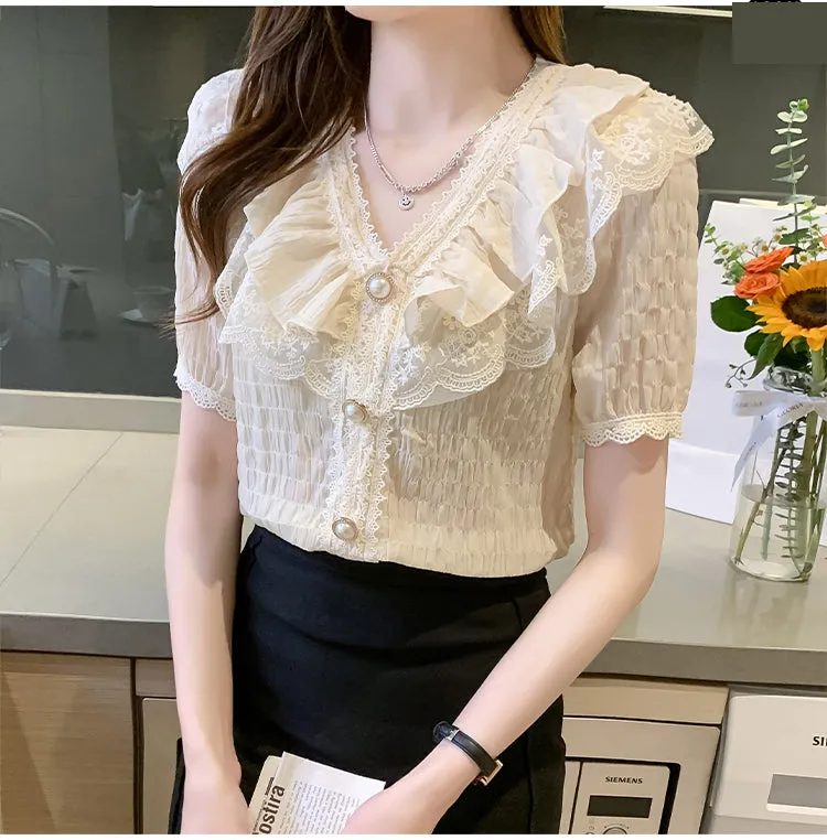 V-Neck French Vintage Ruffle Lace Blouse