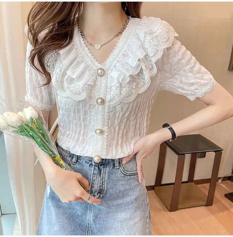 V-Neck French Vintage Ruffle Lace Blouse