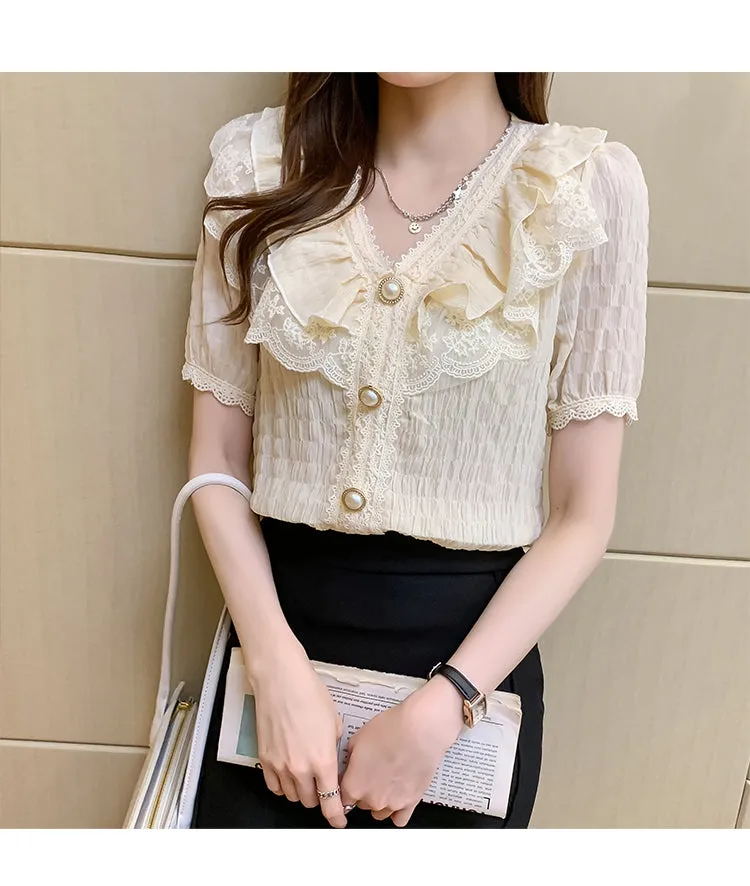 V-Neck French Vintage Ruffle Lace Blouse