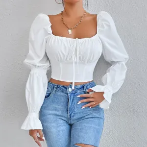 Vivara Ruched Tie Front Long Sleeve Crop Top