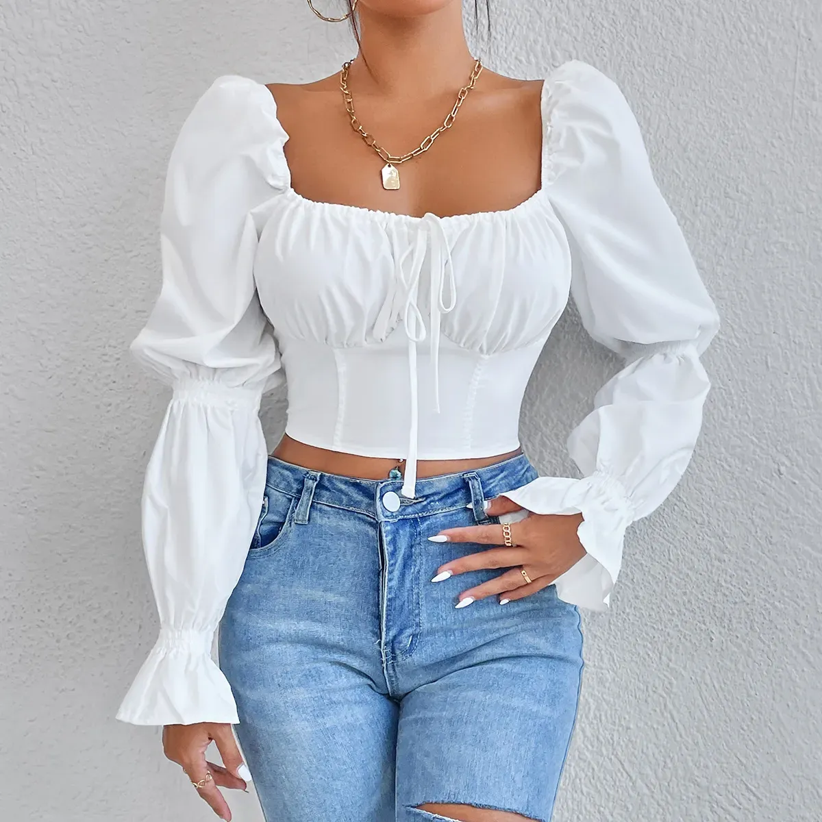 Vivara Ruched Tie Front Long Sleeve Crop Top