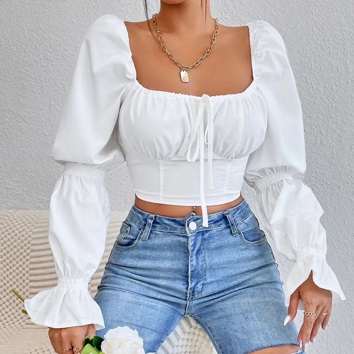 Vivara Ruched Tie Front Long Sleeve Crop Top