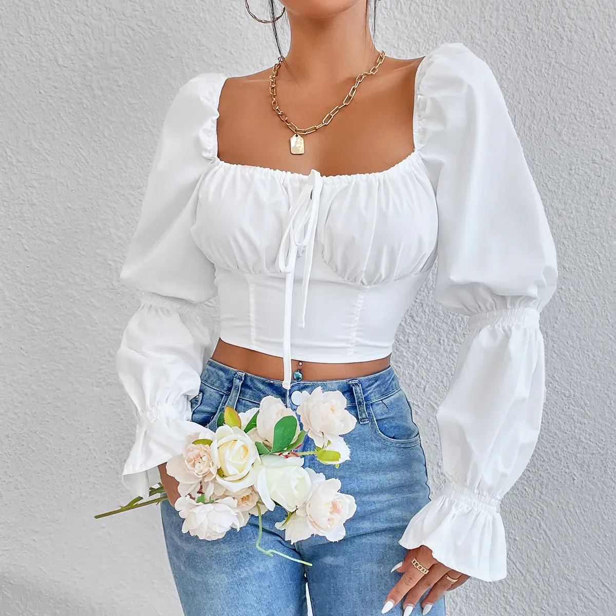 Vivara Ruched Tie Front Long Sleeve Crop Top