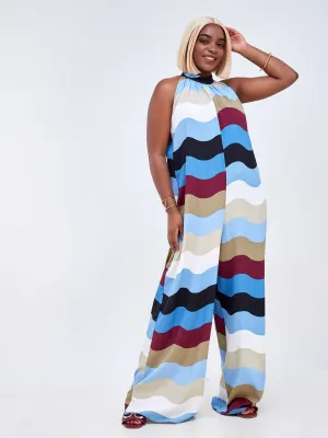 Vivo Luna Halter Jumpsuit - Blue Multicolor Abstract Print
