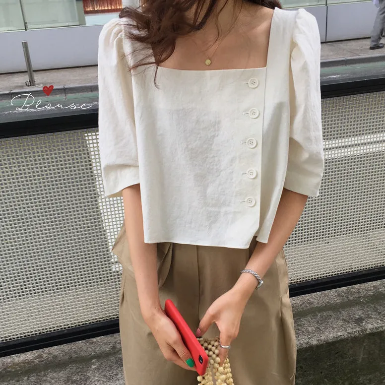 White Sqaure Neck Side Button Down Top