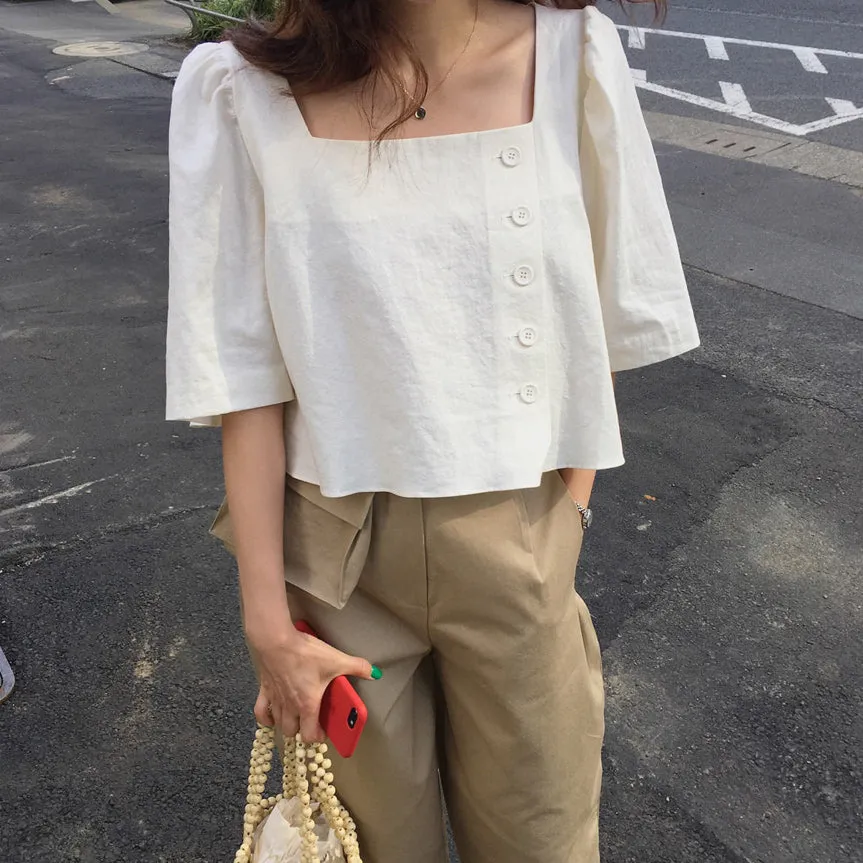 White Sqaure Neck Side Button Down Top