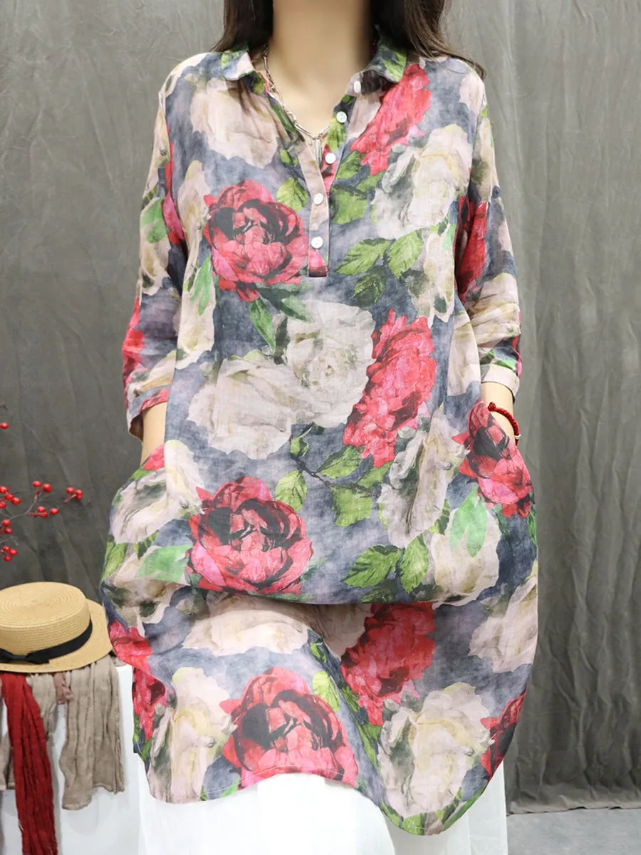 Women Summer Artsy Turn-down Collar Flower 100%Ramie Shirt