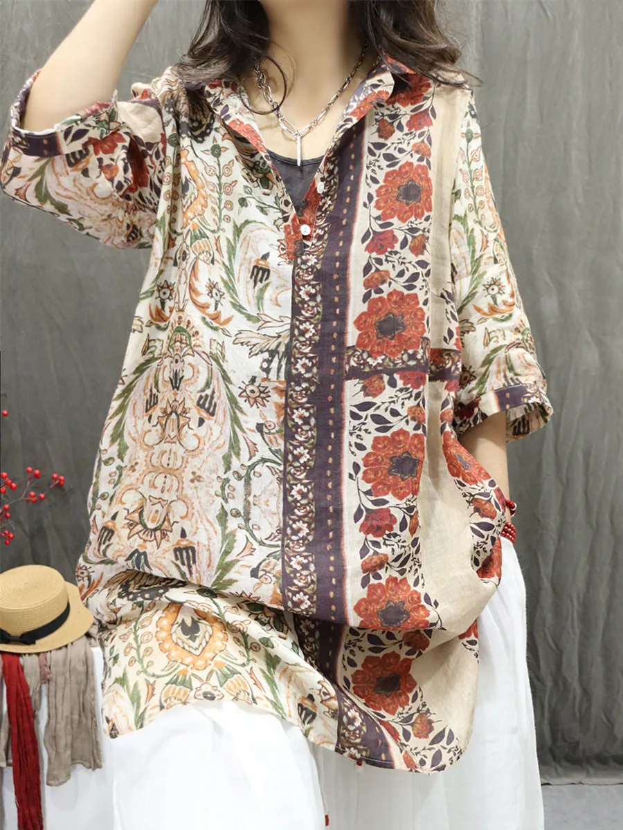 Women Summer Artsy Turn-down Collar Flower 100%Ramie Shirt