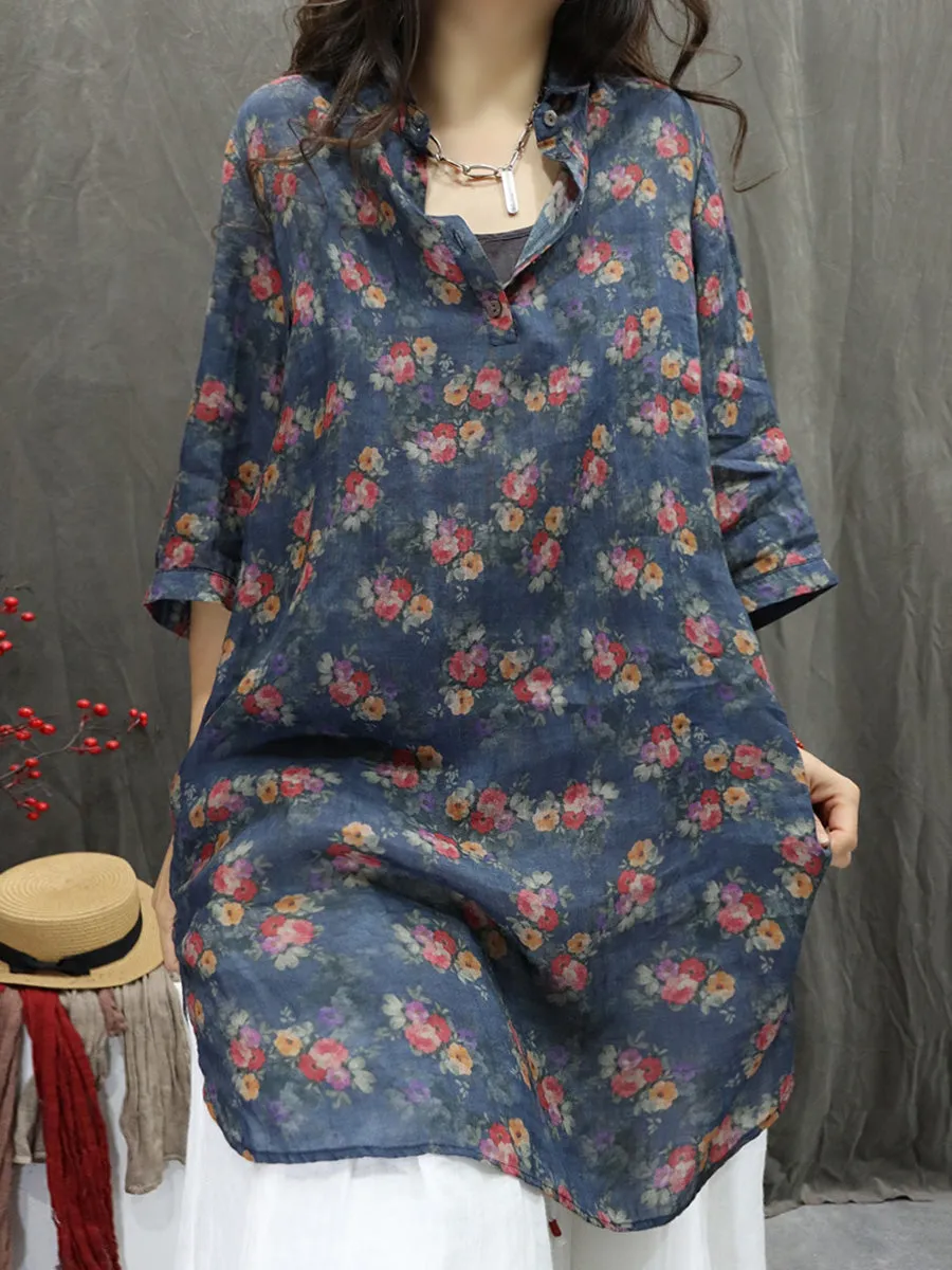 Women Summer Artsy Turn-down Collar Flower 100%Ramie Shirt