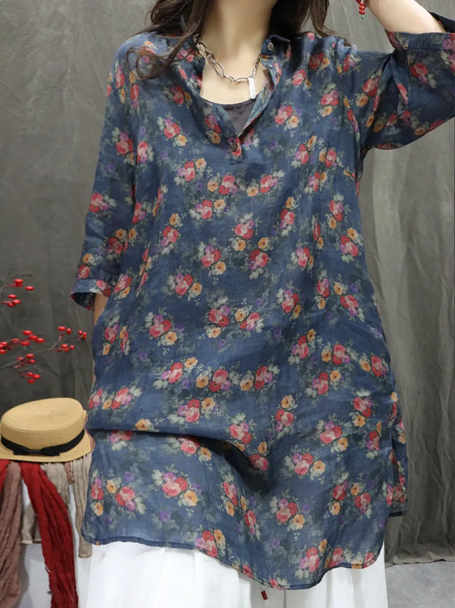 Women Summer Artsy Turn-down Collar Flower 100%Ramie Shirt
