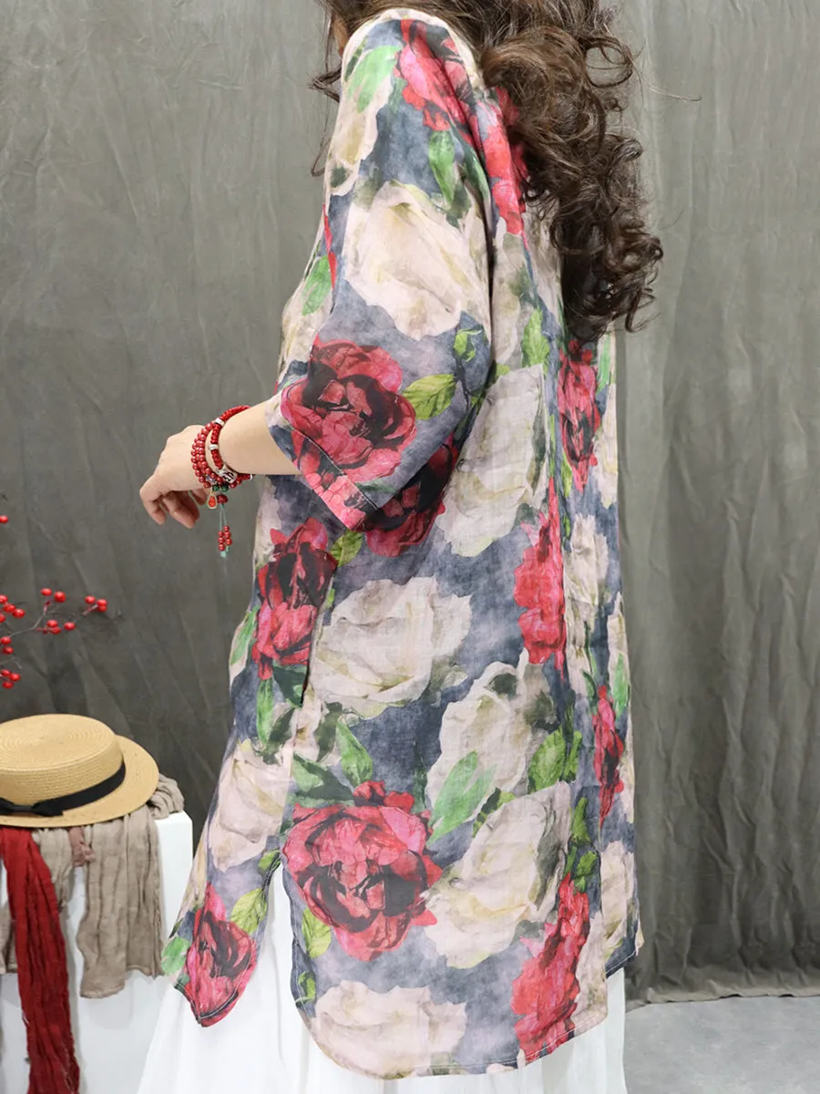 Women Summer Artsy Turn-down Collar Flower 100%Ramie Shirt