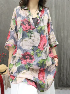 Women Summer Artsy Turn-down Collar Flower 100%Ramie Shirt