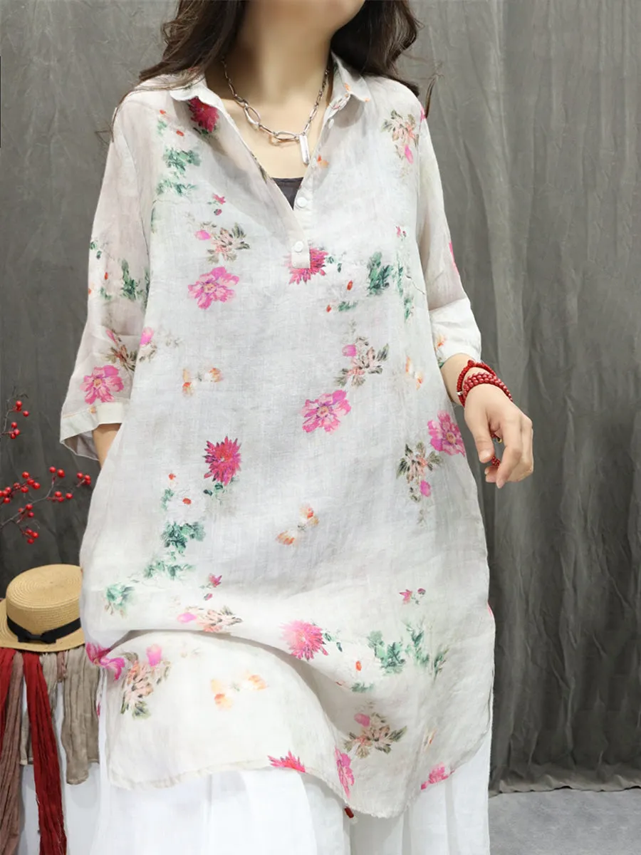 Women Summer Artsy Turn-down Collar Flower 100%Ramie Shirt