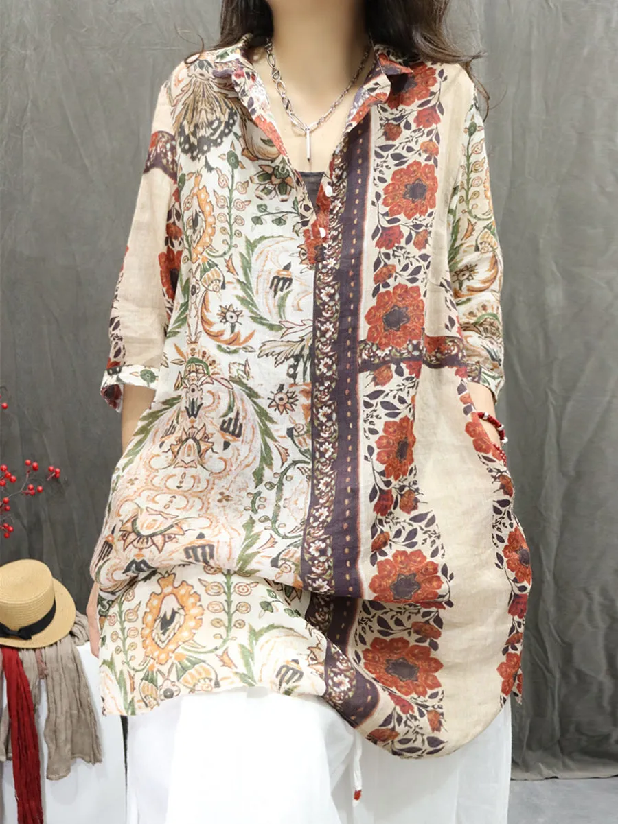 Women Summer Artsy Turn-down Collar Flower 100%Ramie Shirt