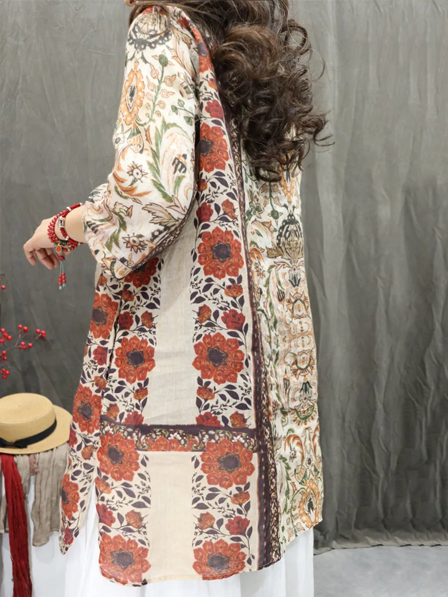 Women Summer Artsy Turn-down Collar Flower 100%Ramie Shirt