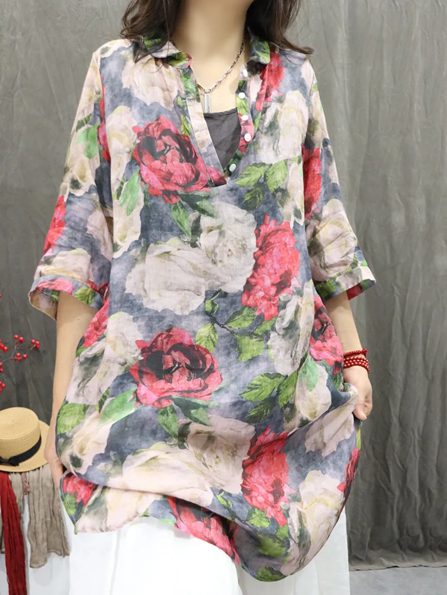 Women Summer Artsy Turn-down Collar Flower 100%Ramie Shirt