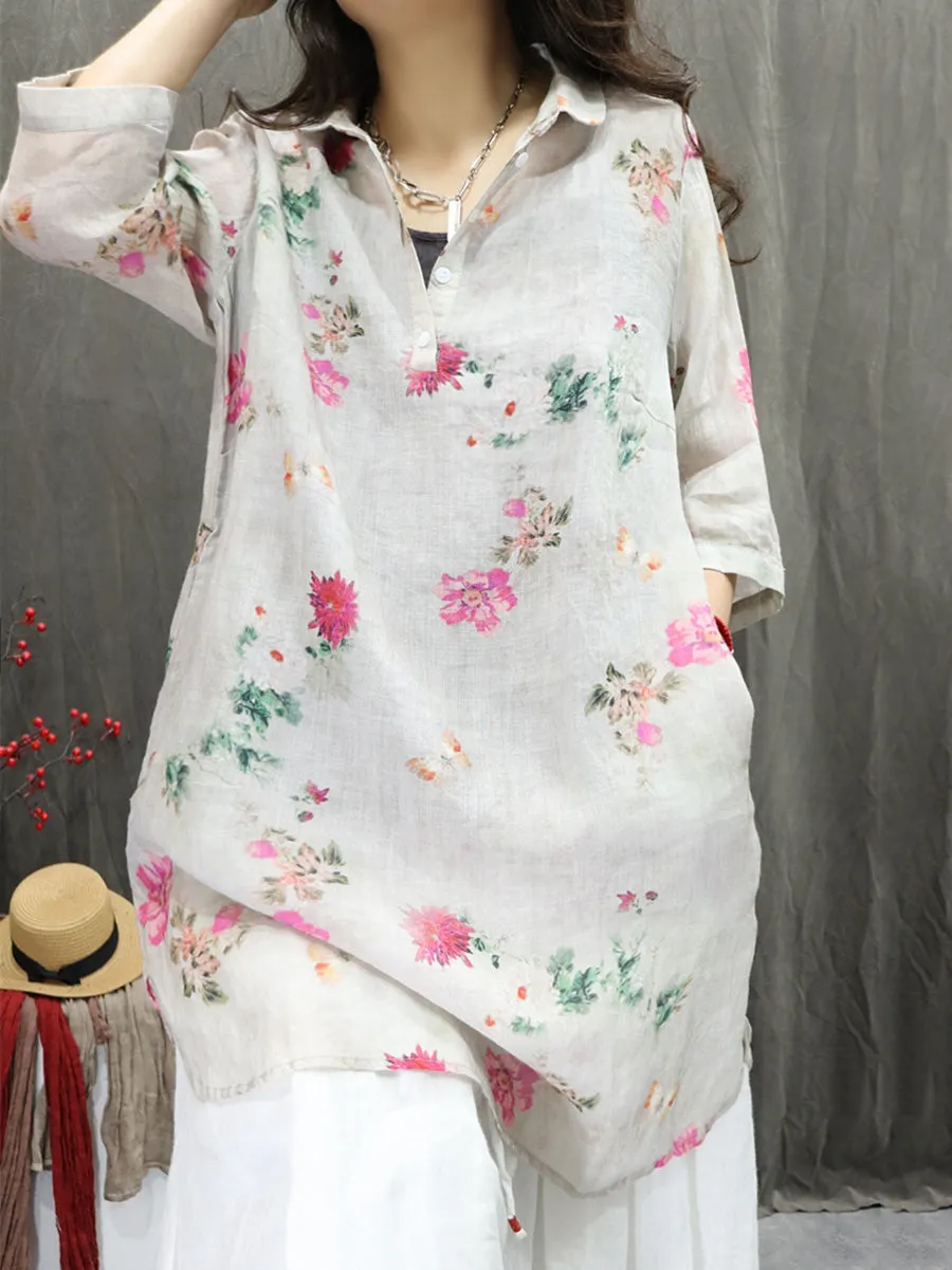 Women Summer Artsy Turn-down Collar Flower 100%Ramie Shirt