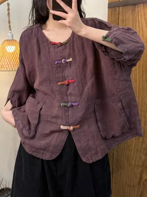 Women Summer Retro Colorful Button O-Neck Linen Shirt