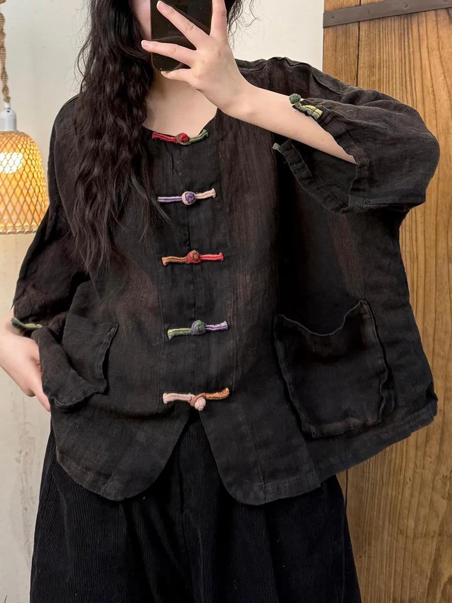 Women Summer Retro Colorful Button O-Neck Linen Shirt