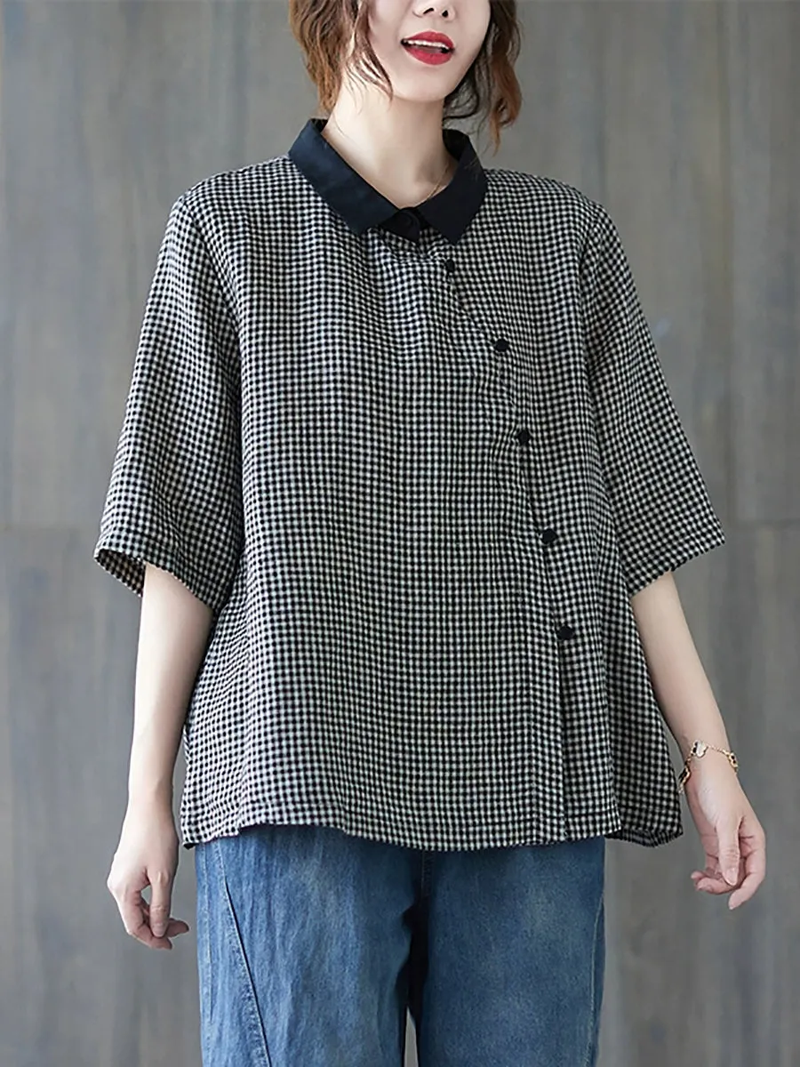 Women Summer Retro Lattice Turn-down Collar Shirt