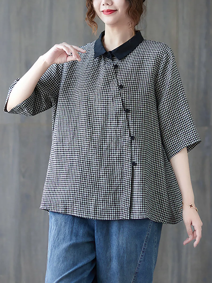 Women Summer Retro Lattice Turn-down Collar Shirt