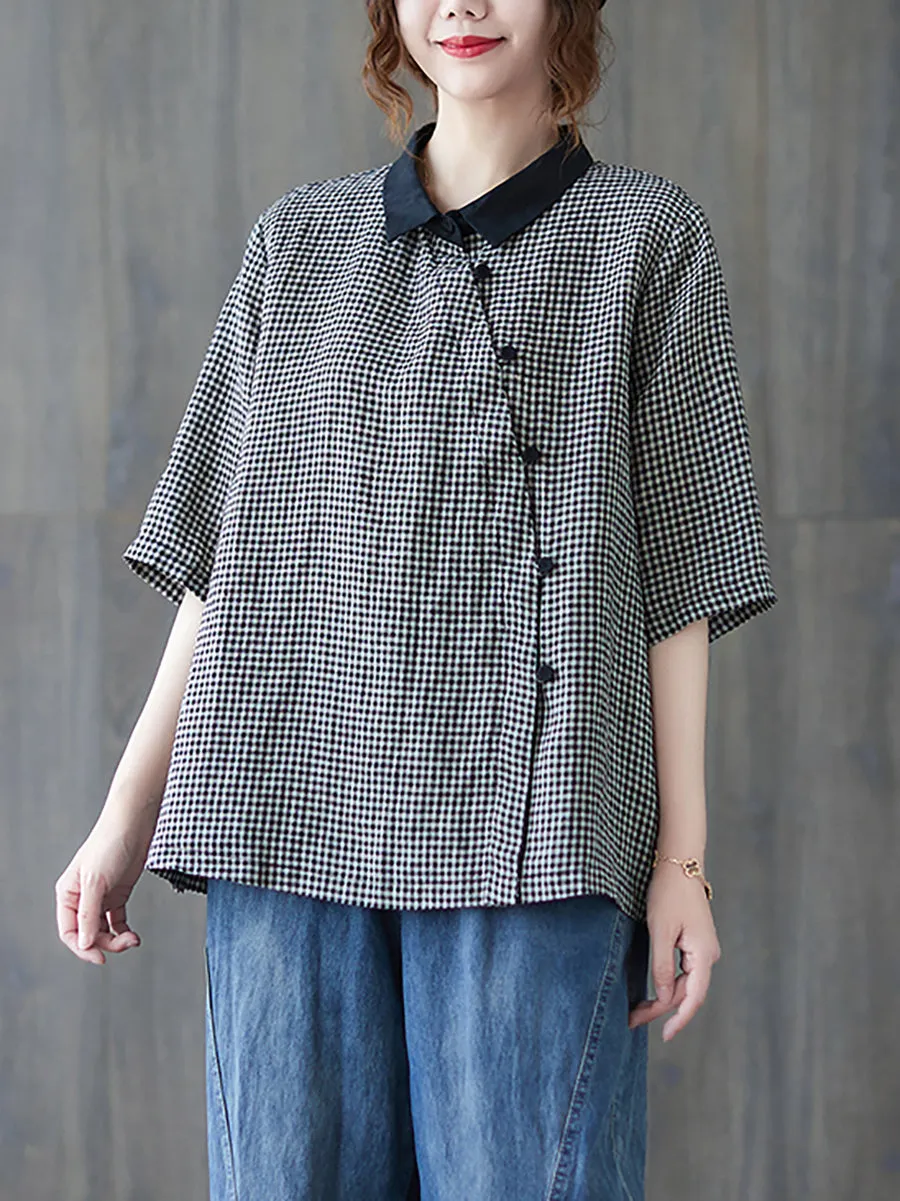 Women Summer Retro Lattice Turn-down Collar Shirt