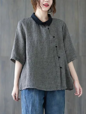 Women Summer Retro Lattice Turn-down Collar Shirt