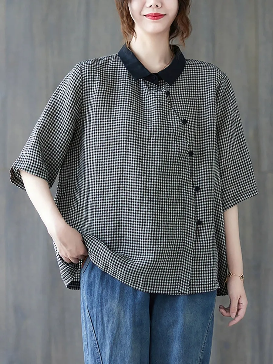Women Summer Retro Lattice Turn-down Collar Shirt