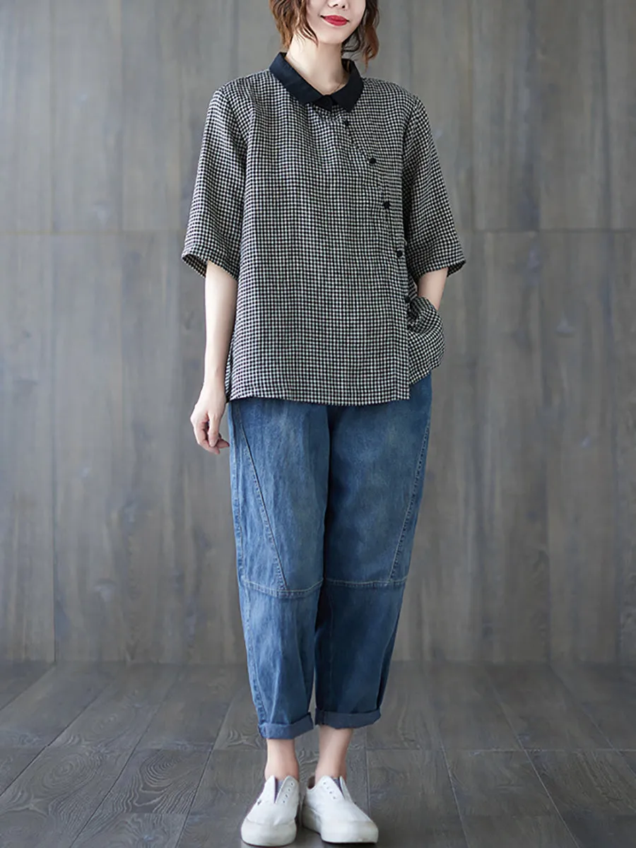 Women Summer Retro Lattice Turn-down Collar Shirt