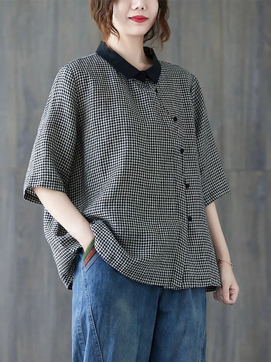 Women Summer Retro Lattice Turn-down Collar Shirt