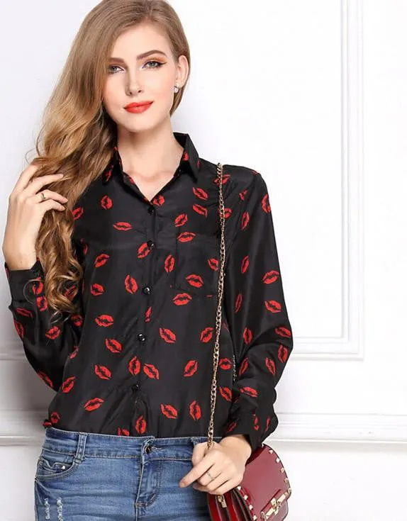Women's Blouses Red Lips Print Chiffon Casual Lady Shirt White Stand Collar Button Long Sleeve Blouse