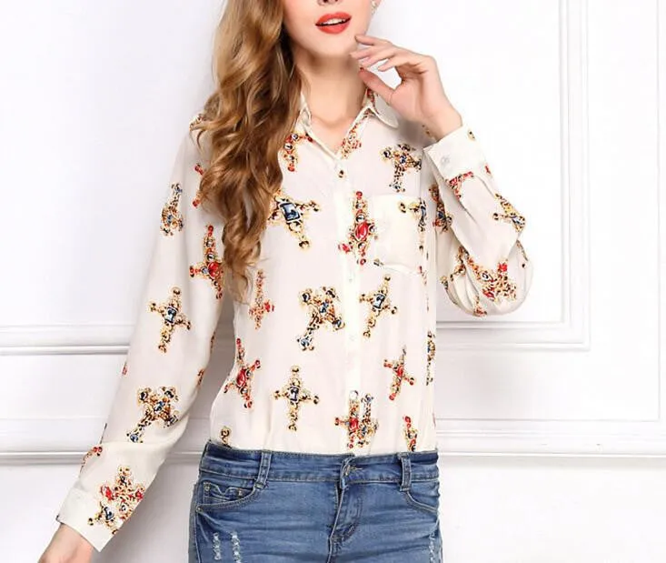 Women's Blouses Red Lips Print Chiffon Casual Lady Shirt White Stand Collar Button Long Sleeve Blouse