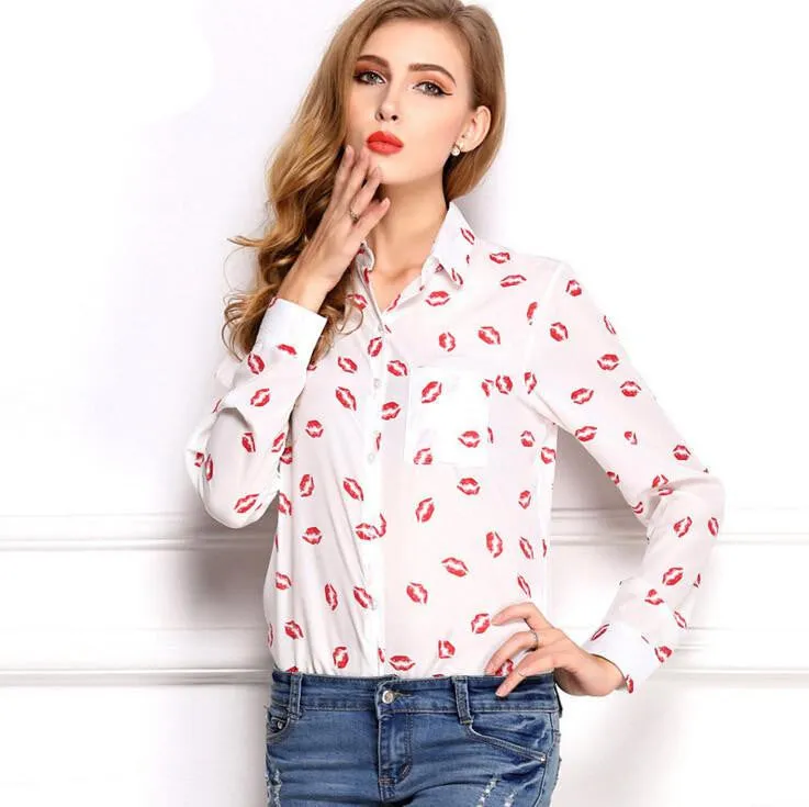 Women's Blouses Red Lips Print Chiffon Casual Lady Shirt White Stand Collar Button Long Sleeve Blouse