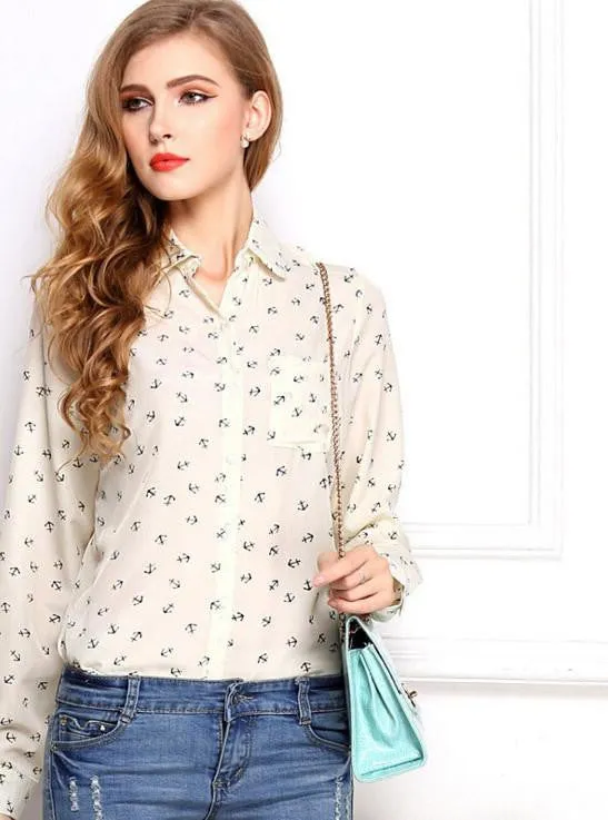 Women's Blouses Red Lips Print Chiffon Casual Lady Shirt White Stand Collar Button Long Sleeve Blouse