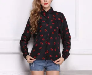 Women's Blouses Red Lips Print Chiffon Casual Lady Shirt White Stand Collar Button Long Sleeve Blouse