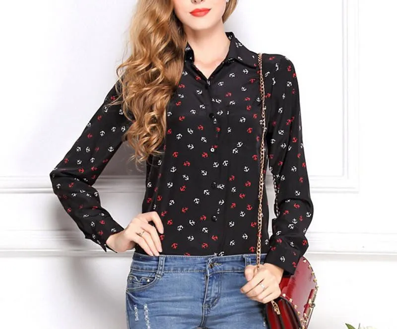 Women's Blouses Red Lips Print Chiffon Casual Lady Shirt White Stand Collar Button Long Sleeve Blouse