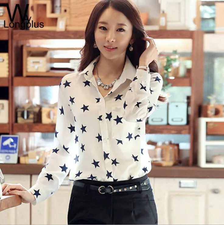Women's Blouses Red Lips Print Chiffon Casual Lady Shirt White Stand Collar Button Long Sleeve Blouse