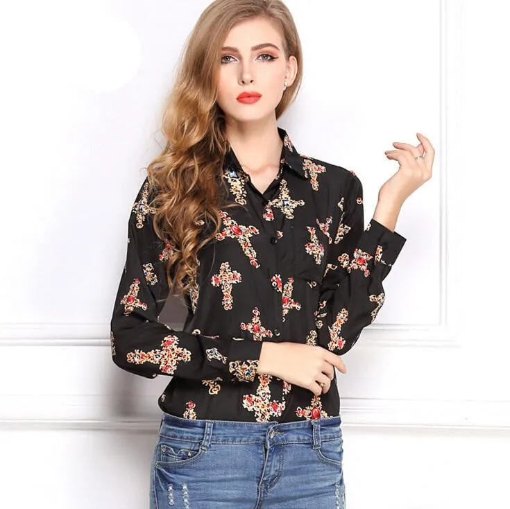 Women's Blouses Red Lips Print Chiffon Casual Lady Shirt White Stand Collar Button Long Sleeve Blouse