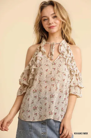 WOMENS FLORAL BLOUSE SHORT SLEEVE IN KHAKI