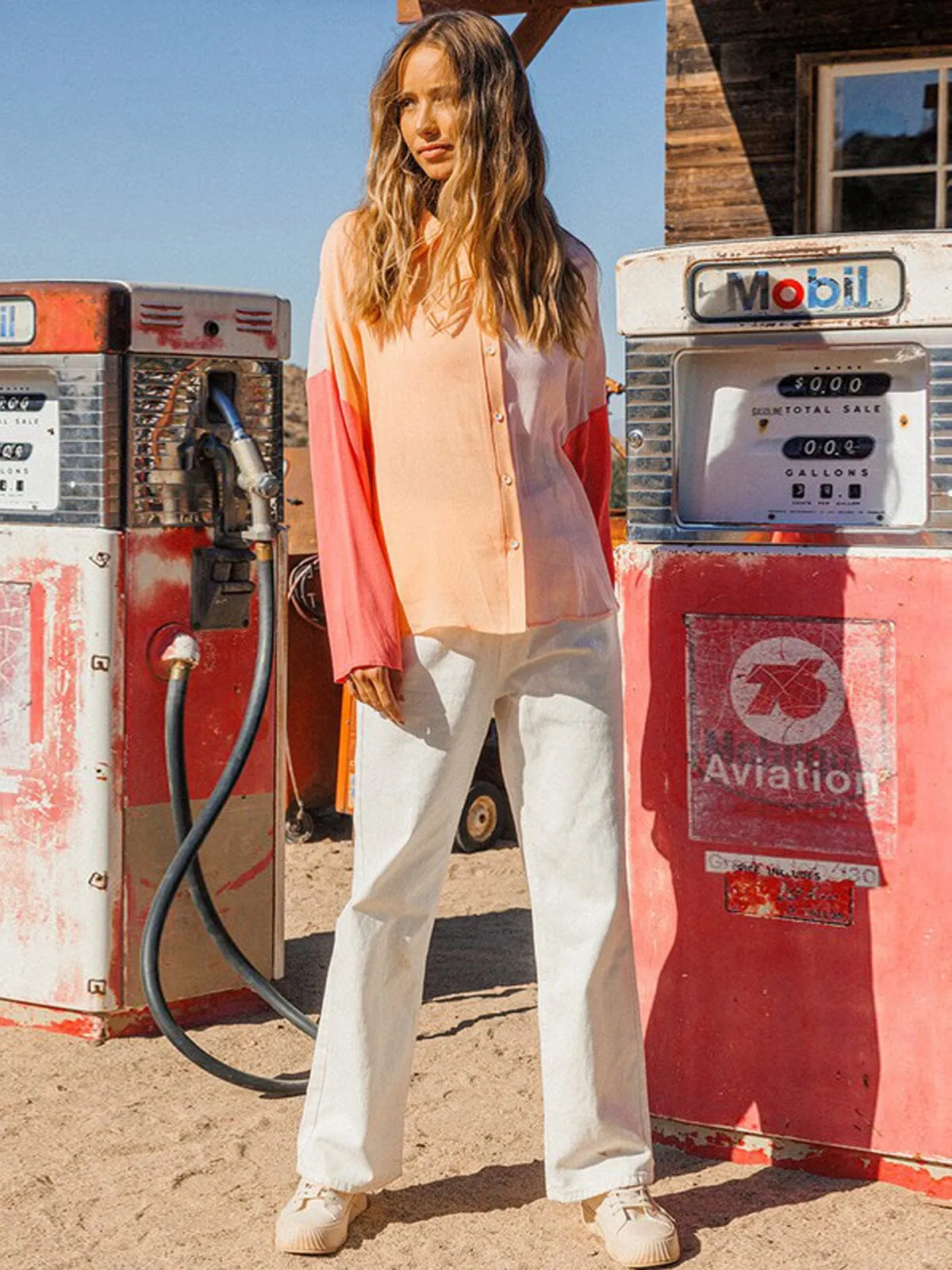 WOMEN'S LONG SLEEVE COLORBLOCK BUTTON UP TOP